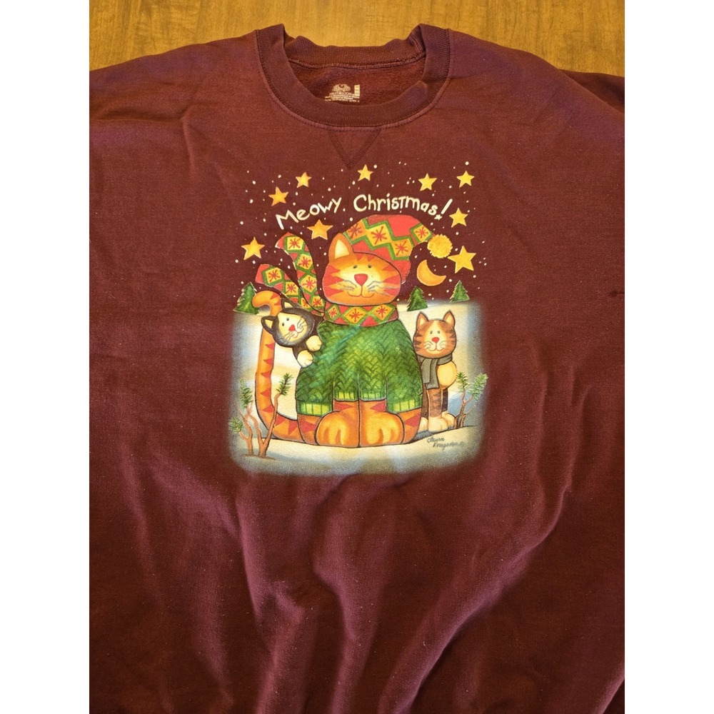 Vintage Y2K Meowy Christmas Fruit of the Loom Cat Sweatshirt 3XL Burgundy